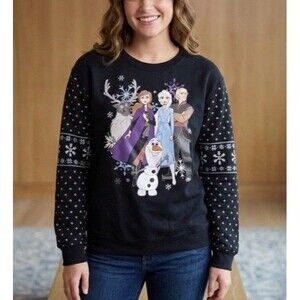 Disney Frozen 2 Sweater Sz S 3-5 Anna Elsa Olaf Kristoff Black Holiday Pullover